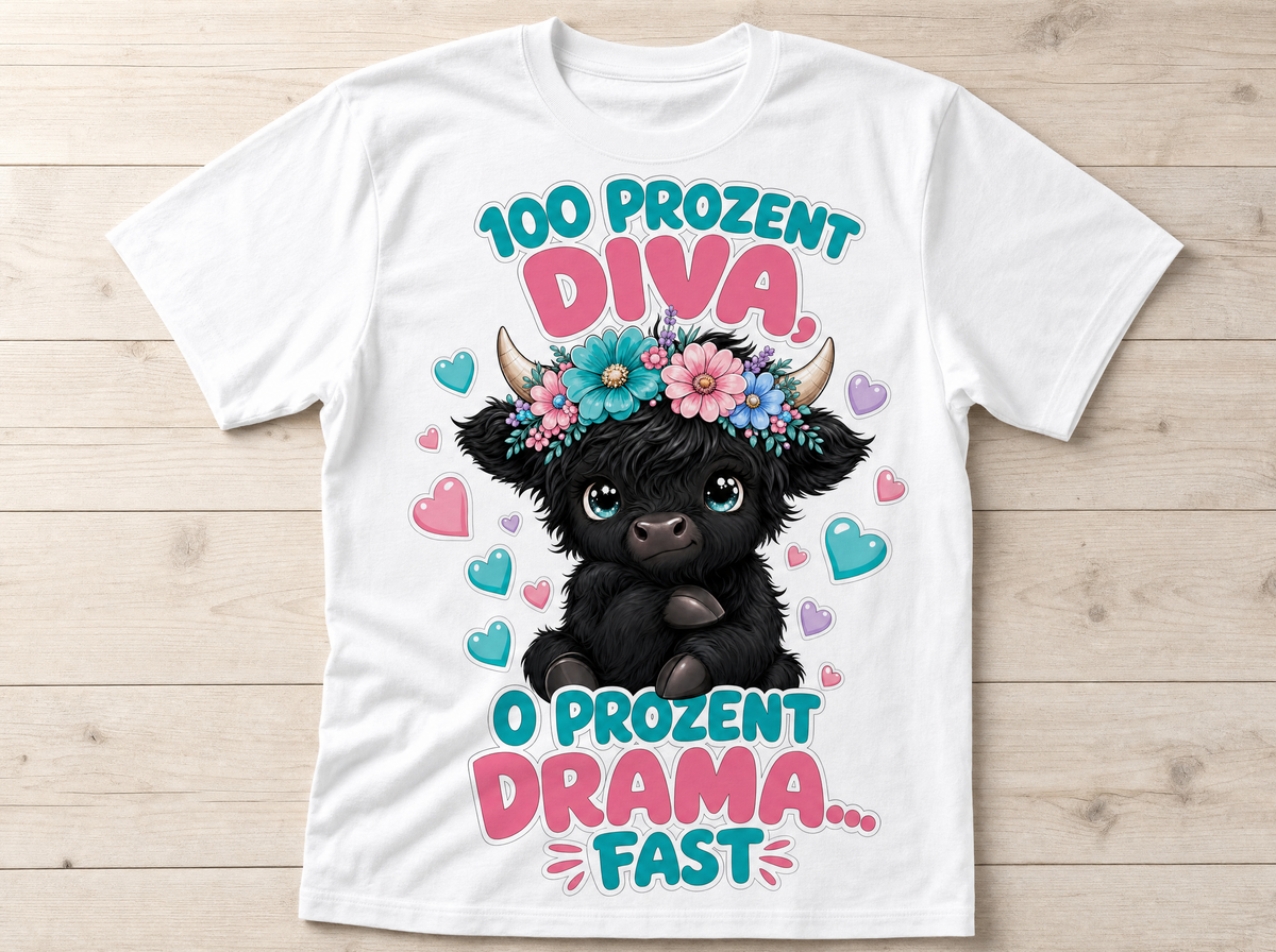 100 Prozent Diva 0 Prozent Drama Highland Cow T-Shirt Mockup