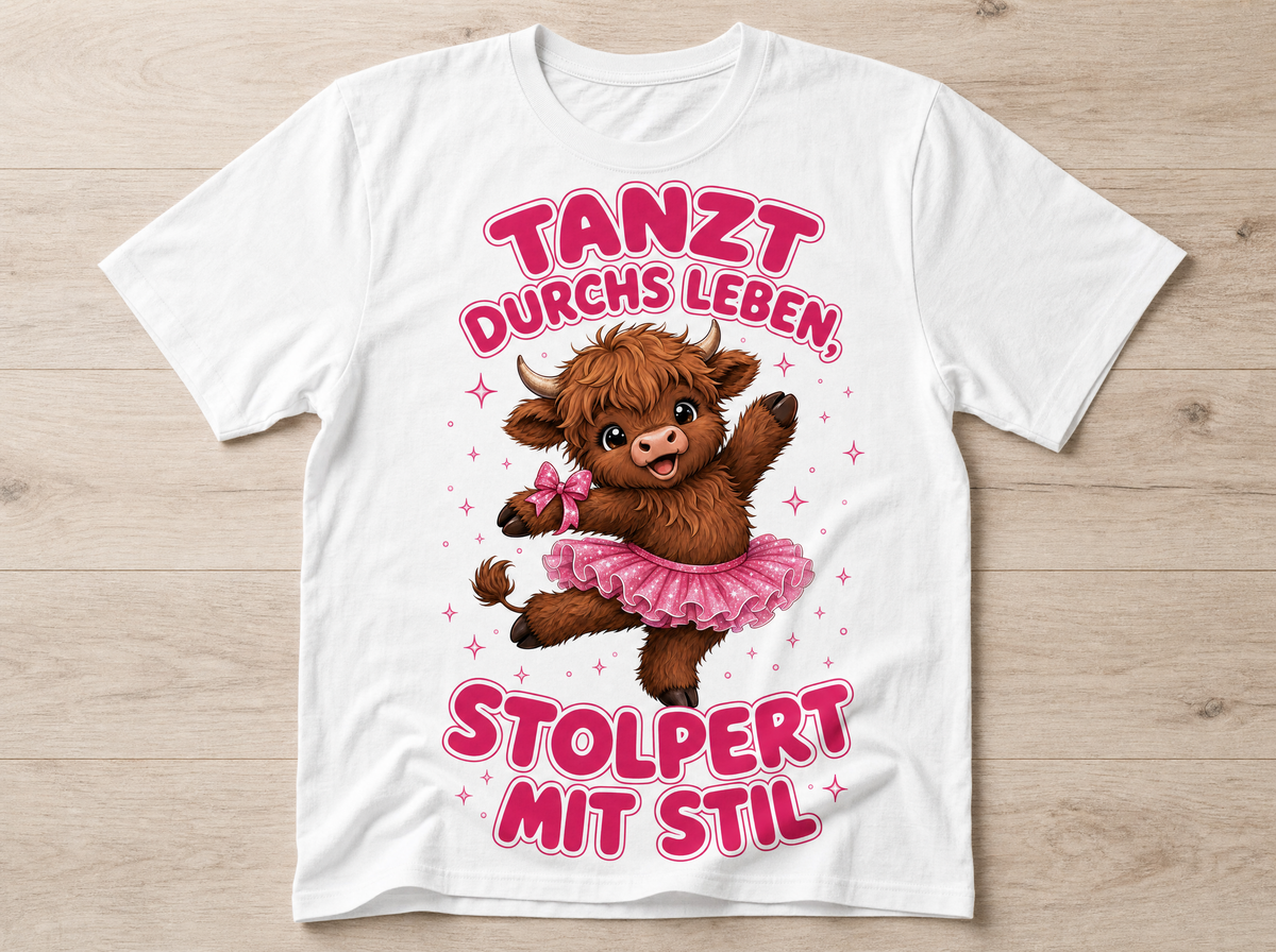Tanzt durchs Leben stolpert mit Stil Highland Cow T-Shirt Mockup
