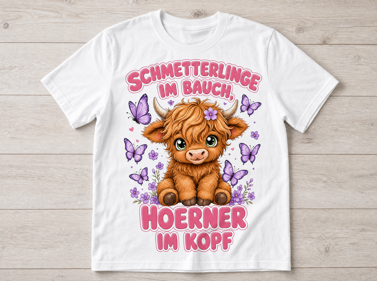 Schmetterlinge im Bauch Hörner im Kopf Highland Cow T-Shirt Mockup