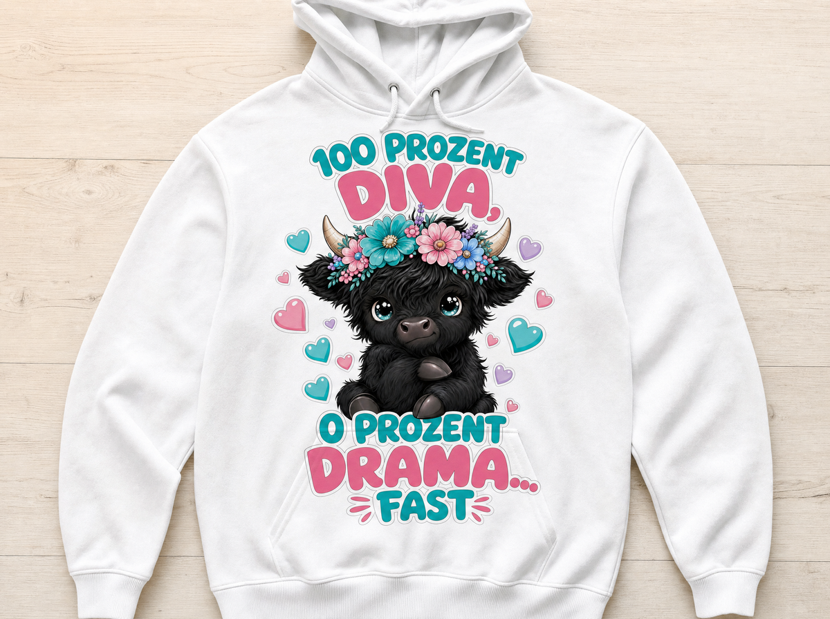 100 Prozent Diva 0 Prozent Drama Highland Cow Hoodie Mockup