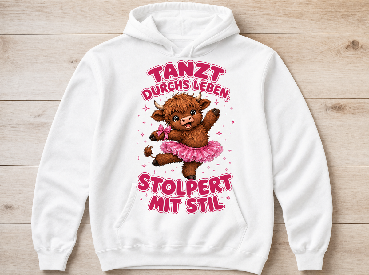Tanzt durchs Leben stolpert mit Stil Highland Cow Hoodie Mockup