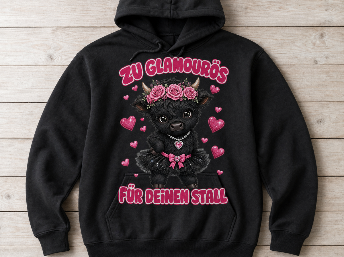 Zu glamourös für deinen Stall Highland Cow Hoodie Mockup (schwarz)