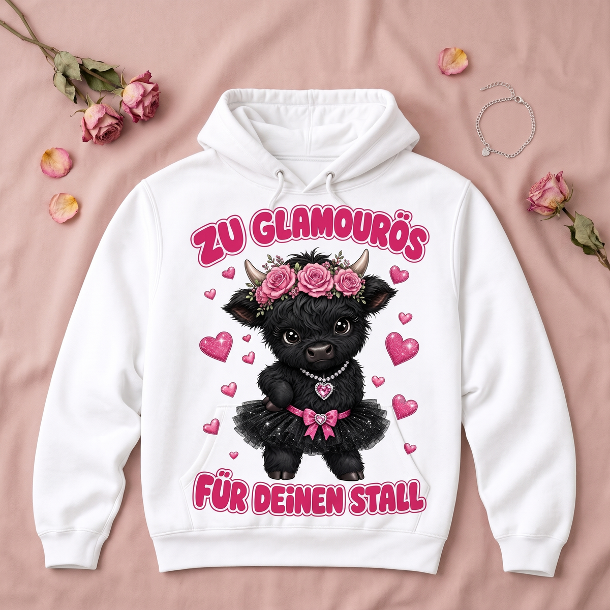 Highland Cow Hoodie Zu glamourös für deinen Stall - Studio Flatlay